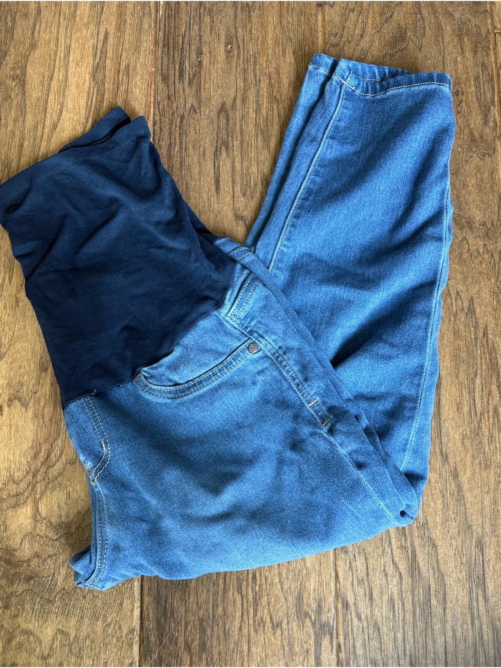 Celebrity Pink Blue Denim Cropped Maternity Jeans with navy Waist Panel